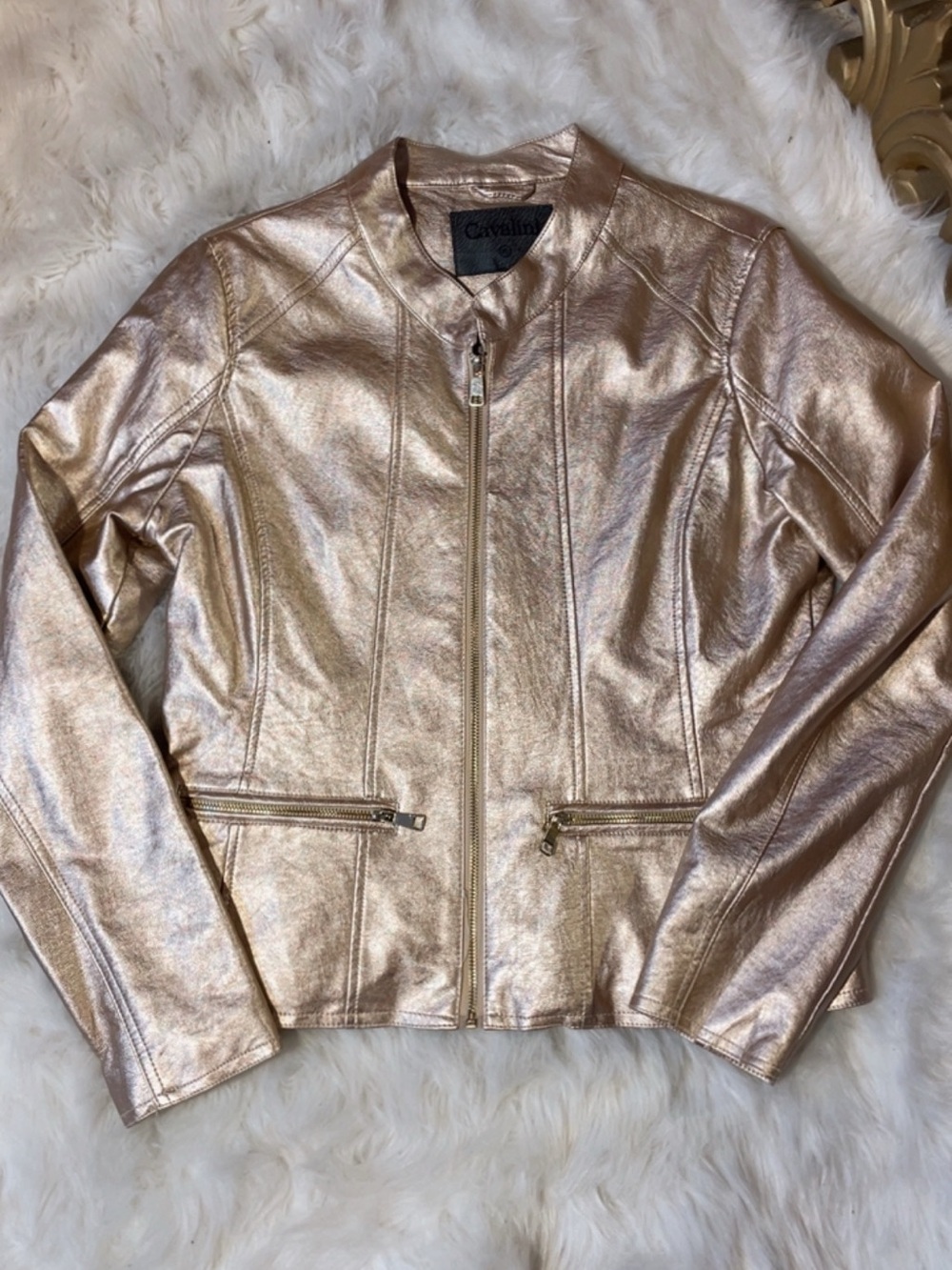 Cavalini Metallic Rose Gold Zip-Front Leather Jacket